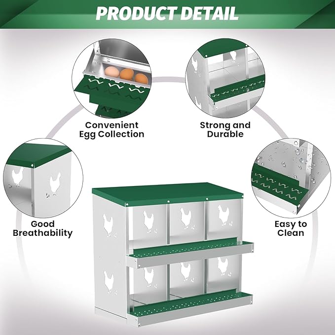 Metal Chicken Nesting Boxes, Heavy-Duty Galvanized Steel Egg Laying Box with 6 Compartments, Rustproof, Easy to Install & Clean, Wall-Mountable Design for Poultry Coops- Green Without Stand