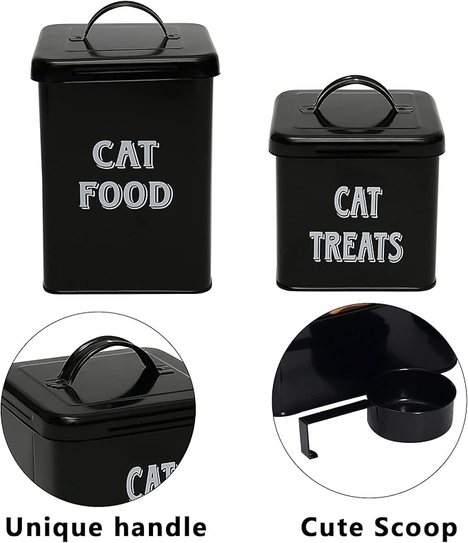 Morezi Cat Food Storage Container Farmhouse Pet Food Treats holder with Lid and Scoop, Perfect Sturdy Canister Tins for Kitchen Countertop, Shelf, Great Gift for Pet Owners - Cat Food - Black