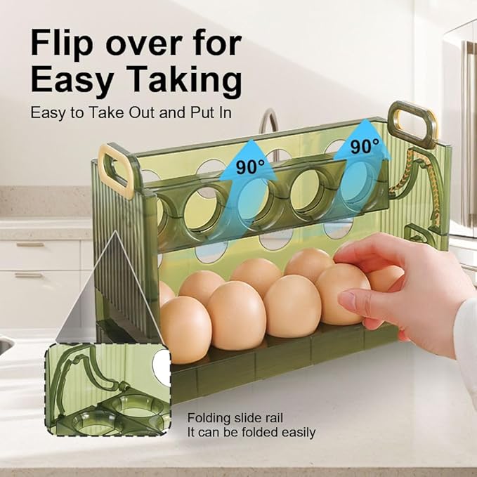 Two-layer Flip-up Egg Storage Container Holder for Refrigerator. 20-Egg Organizer Box with New Space-Saving Design. BPA-free.
