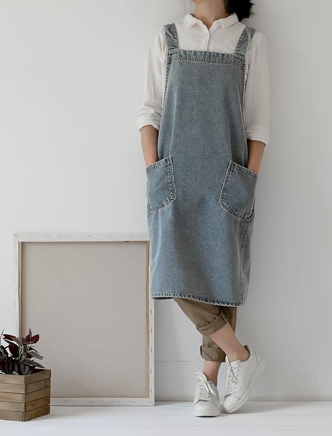 Cotton Denim Apron Soft - Unisex Adjustable Bib Apron with 5-Pockets Perfect for Kitchens