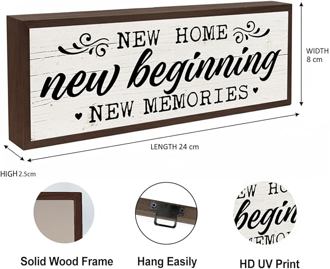 Rustic Home Sign, New Beginning New Memories Sign, Front Door Porch Decors, Decorative Wooden Framed Signs, Shelf Decoration, Wall Decor Art, House Cottage Decors, Housewarming Gift 9.5x3.1x1 inches