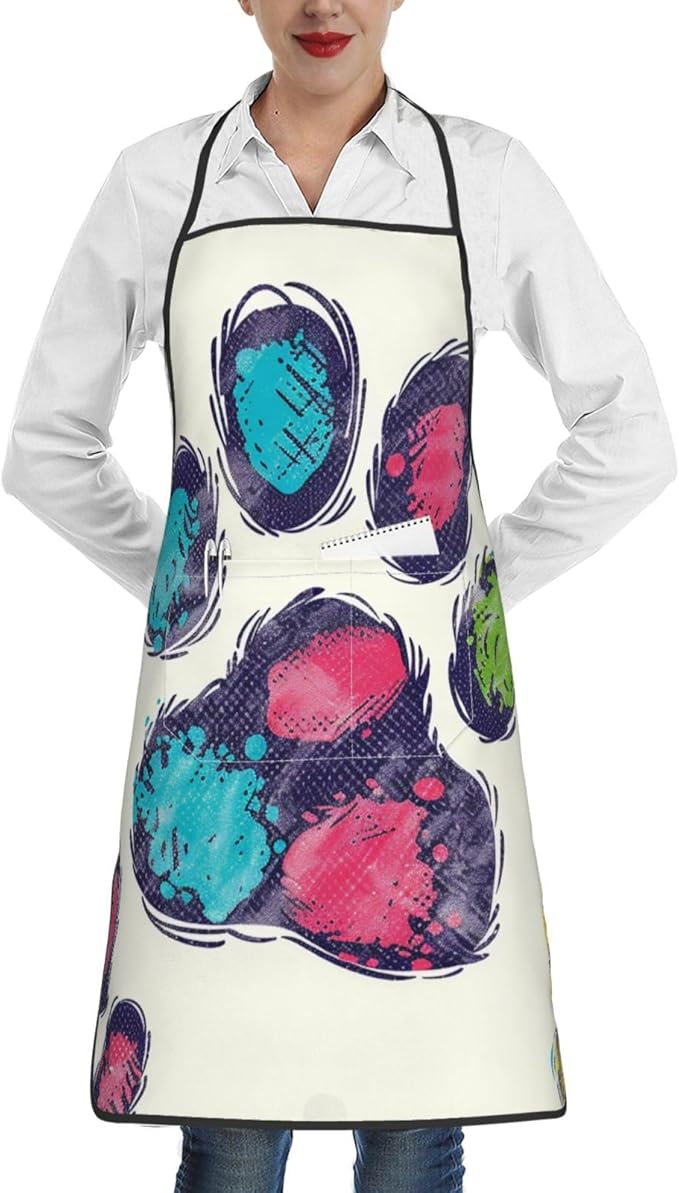 Cute Colorful Dog Paw Printed Unisex Bib Aprons BBQ Cooking Kitchen Aprons for Women Men Chef