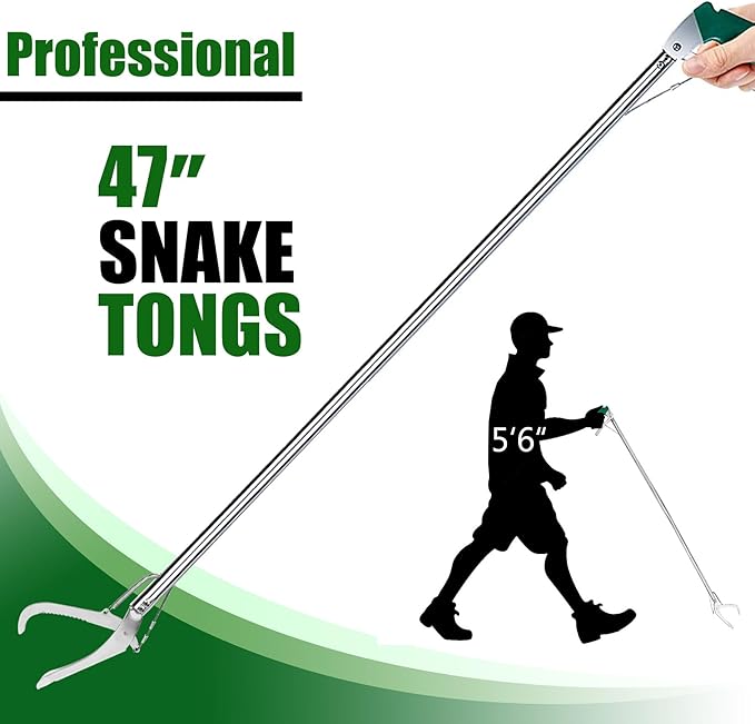 IC ICLOVER 47 Inch Extra Heavy Duty Snake Tongs, Standard Reptile Snake Grabber Catcher Tool, Professional Reptile Grabber Rattle Snake Catching Wide Jaw Handling Tool, with Locking - Stainless Steel
