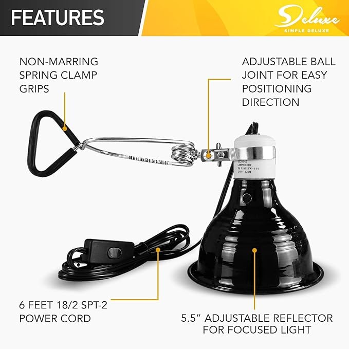 Simple Deluxe Reptile Clamp Dome Lamp, Equipped with 5.5-Inch Aluminum Reflector, Suitable for Amphibian Pet Terrariums Habitat (Without Bulb), 2 Pack, Black