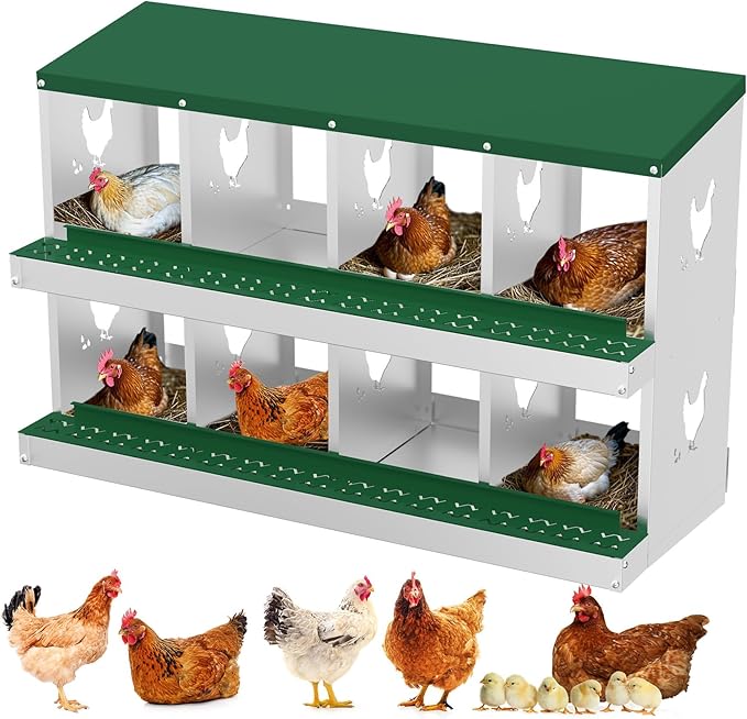Chicken Nesting Boxes,8 Compartments Galvanized Steel Metal Laying Boxes,Pull-Out Egg Box Easy Egg Collection & Clean,Wall Mount Suitable for Farm Chicken House,Green