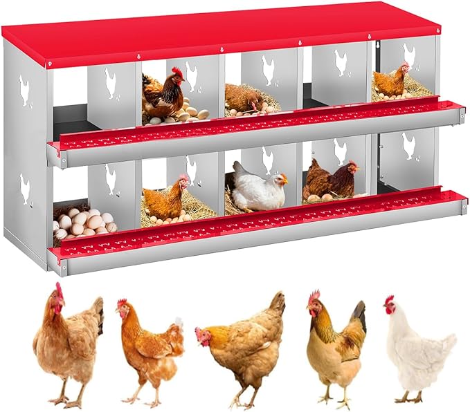 Chicken Nesting Box,10 Compartments Nesting Box for Chickens, Two-Tier Galvanized Metal Wall Mount Chicken Egg Laying Box with Large Vented Holes for Easy Egg Collection ﻿