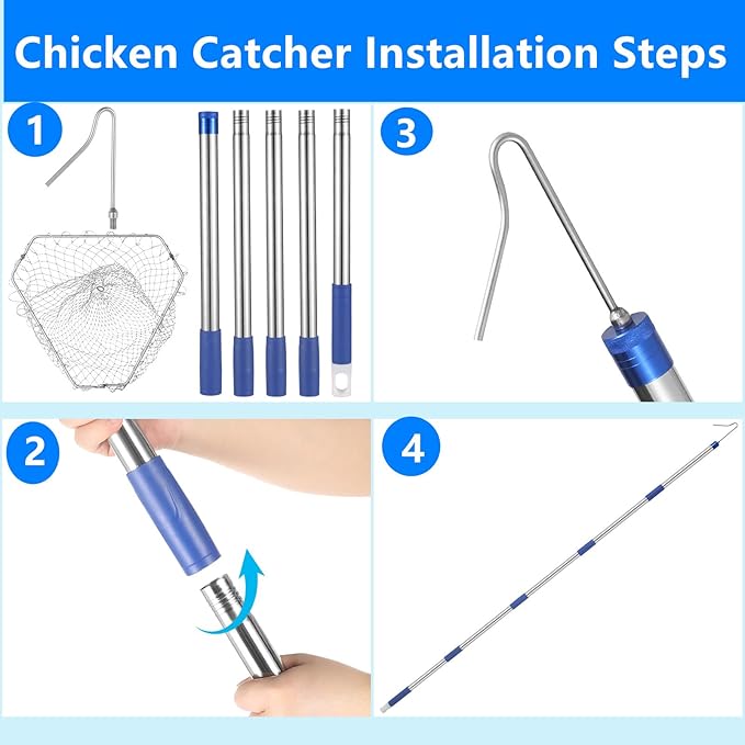 Chicken Catching Net，Adjustable 29-74 Inch Chicken Catcher Leg Hook Tool Kit,Long Handle Animal Catcher Pole Suitable for Catching Small Duck,Goose,Bird, Skunk Bat and Fishnet etc（15 x 23.2 Inch Net）