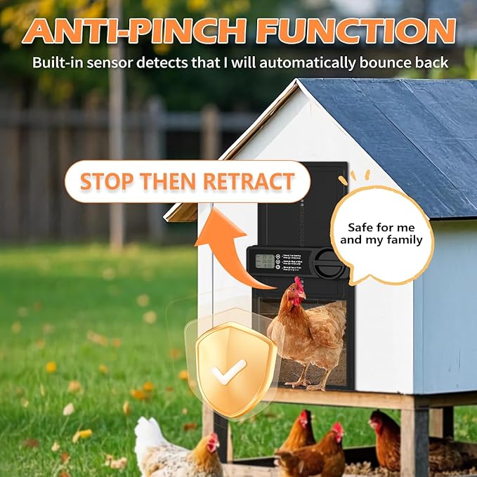 Automatic Chicken Coop Door - Aluminum Auto Chicken Coop Opener with Anti-Pinch Sensor, Battery Powered Chicken Door with Smart Timer & LCD Display, Waterproof