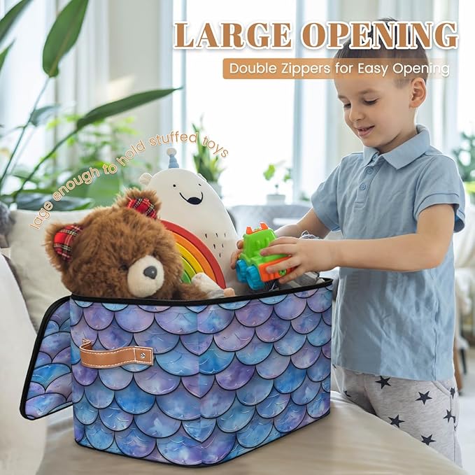 Mermaid Scales Storage Bins With Lids Fabric Collapsible Storage Box with Leather Handles for Home Bedroom Foldable Closet Shelf Organizer