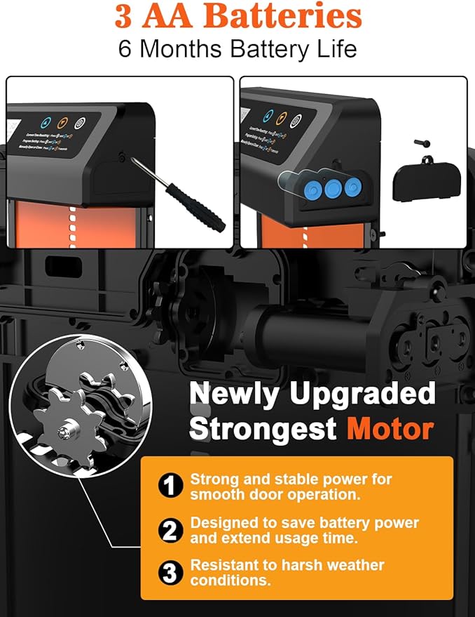 Automatic Chicken Coop Door, Aluminum Automatic Chicken Door with Anti-Pinch Feature, Timer and LCD Display (Black-Orange)