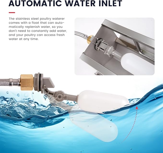 Automatic Chicken Waterer Stainless Steel Chicken Water Feeder Pigeon Water Dispenser with Float Valve Automatic Filling Water Poultry Waterer Fountain for Duck Goose Pigeon Quail