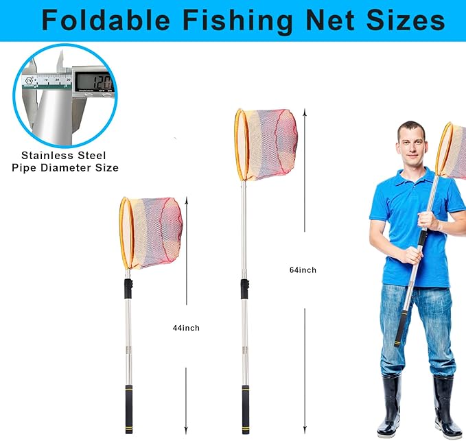 Fishing Landing Net, Fishing Net with Handle for Fishing with Splicing Extension Pole Handle Sturdy Stainless Steel Tubes Comfortable Sponge Handle, yellow