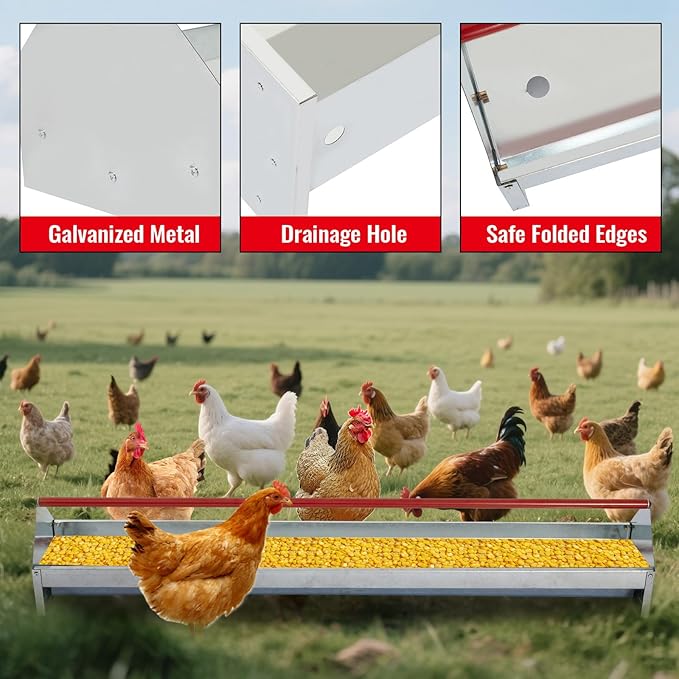 Chicken Feeding Trough 45", Heavy Duty Galvanized Steel Poultry Feeder with Red Crossbar & Drainage Holes, Large Capacity Feeder Trough for Chicken, Duck, Goose, Turkey, Rabbit, Pigeon