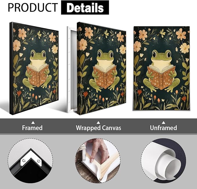 Frog Canvas Wall Art, Green Frog Reading A Book Poster, Rustic Nursery Animal Painting, Cozy Folk Art Print, Farmhouse Botanical Floral Painting for Kids Room 24x36in Unframed