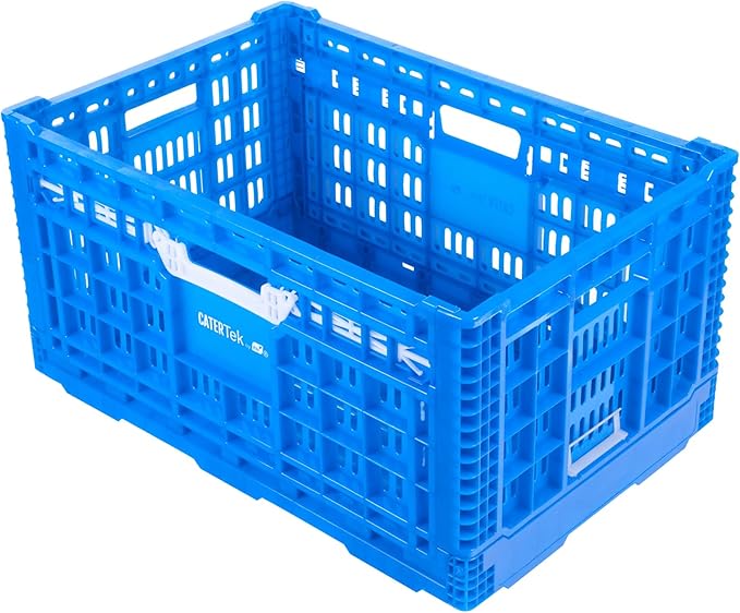 Restaurantware Plastic Milk Crates for Storage - Cater Tek Stackable Storage Buns for Organizing - Collapsible Storage Basket for Groceries, Home Supplies, Blue