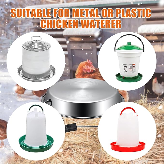 12 Inch Heated Base for Poultry Waterer, 5 Gallon Automatic Electric Chicken Water Heater with Thermostat, Energy-Efficient Winter Deicer for Plastic & Metal Buckets