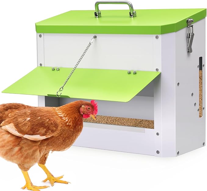25LBS Automatic Chicken Feeder-No Waste Metal Poultry Feeder with View Window & Rain Cover,Hanging Chicken Food Dispenser for Outdoor Coops，No Assembly, Rodent Proof