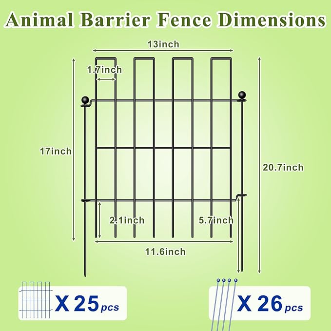 Animal Barrier Fence, 25 Panels Garden Fence Animal Barrier, 27 ft(L)×17 in(H), No Dig Fences for Dogs and Rabbits, Rustproof Metal Garden Fencing, Under Fences Border Barrier for Outdoor, Yard, Patio