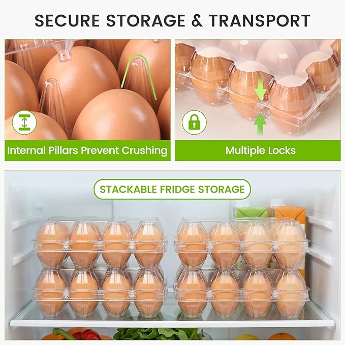 LOVEINUSA 60 Pack 12-Count Clear Plastic Egg Cartons with 60 Date Labels, Reusable PET Dozen Egg Holders for Medium Chicken Eggs, Clamshell Cartons for Farm, Home Fridge & Market Display