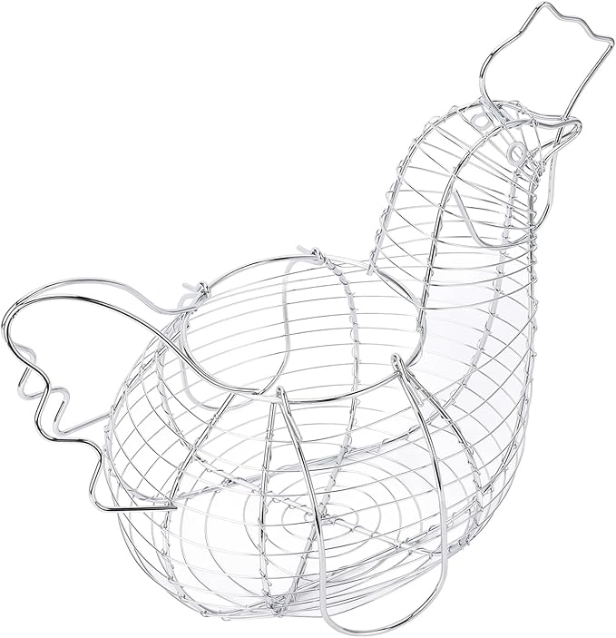 Chicken Egg Basket,Chicken Hen Shaped Wire Egg Storage Basket Holder Rack,Wire Egg Collecting Basket with Handle,Metal Table Top Snacks Organizer Kitchen Gadget (As Shown)
