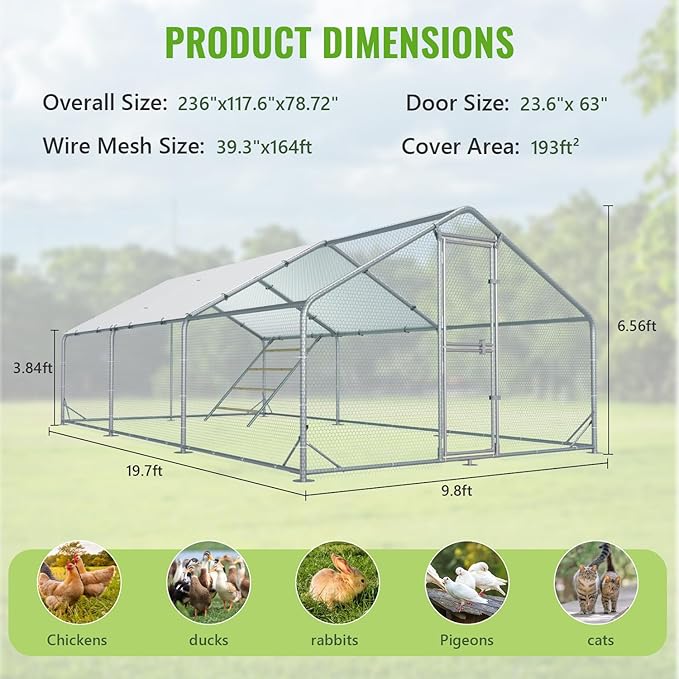 Large Metal Chicken Coop, 10x20x6.5FT Chicken Runs for Yard with Cover and Roosting Perch, Split Doors Walk in Chicken Coop