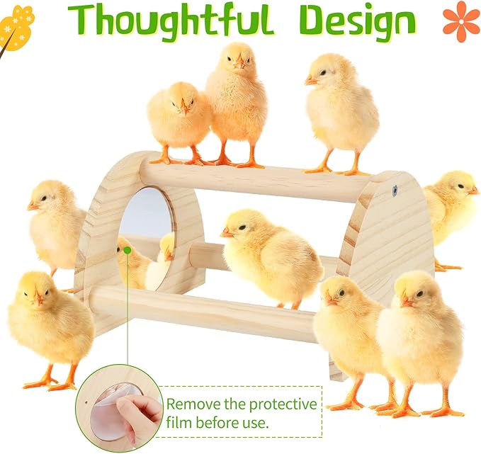 Pine Chicken Perch with Mirror, Strong Chick Jungle Gym Roosting Bar, Chicken Toys for Coop and Brooder, Training Perch Toys for Large Bird, Parrot, Macaw, Hens (Small)