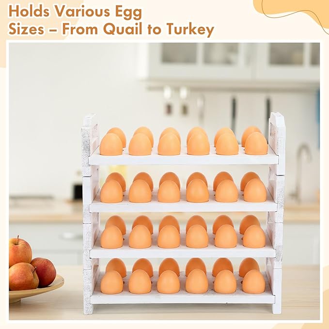 4 Tier Wooden Egg Holder for Countertop, Stackable Fresh Egg Storage Farmhouse Collecting Rack for Gathering Kitchen Organizer Duck Eggs Display, Stackable with 72 Eggs (White,Pine)