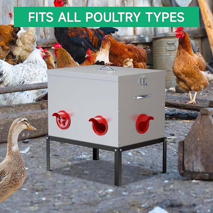 Automatic Chicken Feeder,6 Port Large Chicken Feeder with Raise 40 lb Capacity,Waterproof Galvanized Steel Poultry Feeder with Locking Lid for Chicken Coop