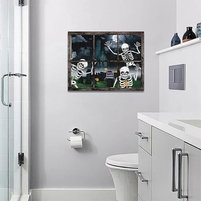 Halloween Wall Art Skeleton Pictures Wall Decor Skull Canvas Prints Framed Artwork Gothic Ghost Home Decor Office Decorations for Bathroom Living Room Bedroom Dinning Room 16"x12"