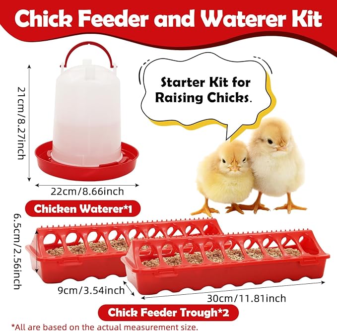 Chicken Feeder and Chicken Waterer Kit Set Automatic Chicken Hanging Poultry Waterer 3L kit-Flip Top Chick Feeder with 16 Feeding Hole