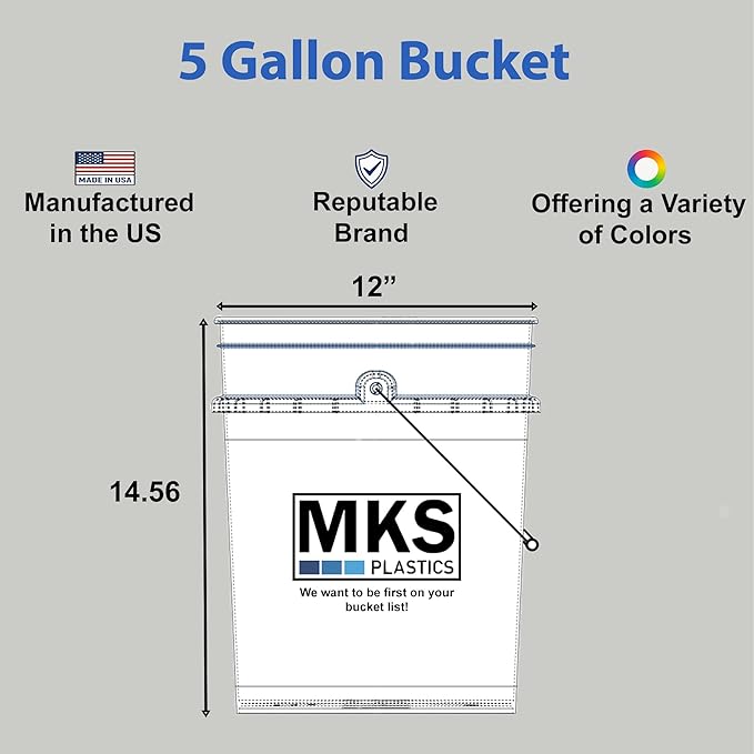 5-Gallon Bucket Only – No Lid Included, Made in USA, Food Grade BPA Free Plastic, Heavy Duty Multi-Use, Metal Handle with Grip, Stackable Storage – White, 3 Pack
