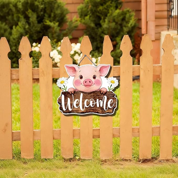 Farmhouse Wall Decor, Cute Pig Welcome Sign with Daisies, Rustic Wood Hanging Plaque, Watercolor Farm Animal Wall Art Painting Style, Country Kitchen or Porch Door Sign, 11.8x9.6 Inches