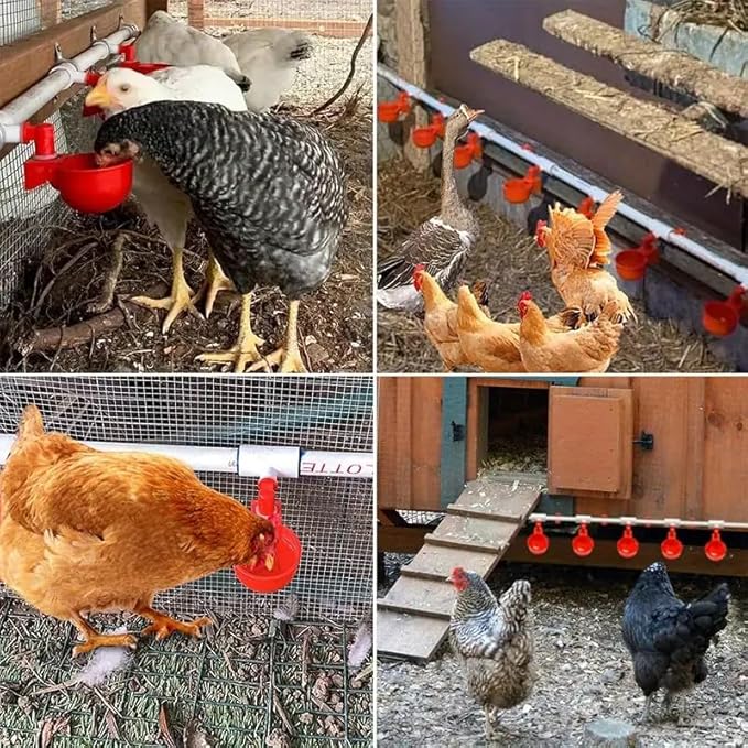 Complete Set Pipeline Automatic Chicken Waterer System, DIY Chicken Water Feeder with 9 Chicken Water Cups,1/2" PVC Tee Fittings & Pipe,Brass Pipe Fittings, Ball Valves, Poultry Waterer