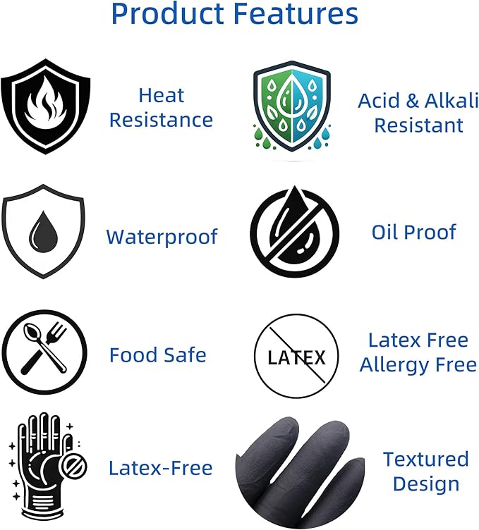 BBQ Gloves Disposable Heat Resistant - 4 Reusable Cotton Liners & 100 Nitrile Gloves for Barbecue Smoker, Grilling, Cooking Hot Meat, Food Prep - 5Mil, Non-Slip Grip, Black X-Large