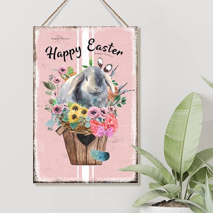 Happy Easter Flower Basket Bunny Wood Hanger Sign French Style Floral Pink Stripes Wooden Sign Plaque Farmhouse Easter Decor Welcome Spring Sign Wall Decor for Game Room 12x18in
