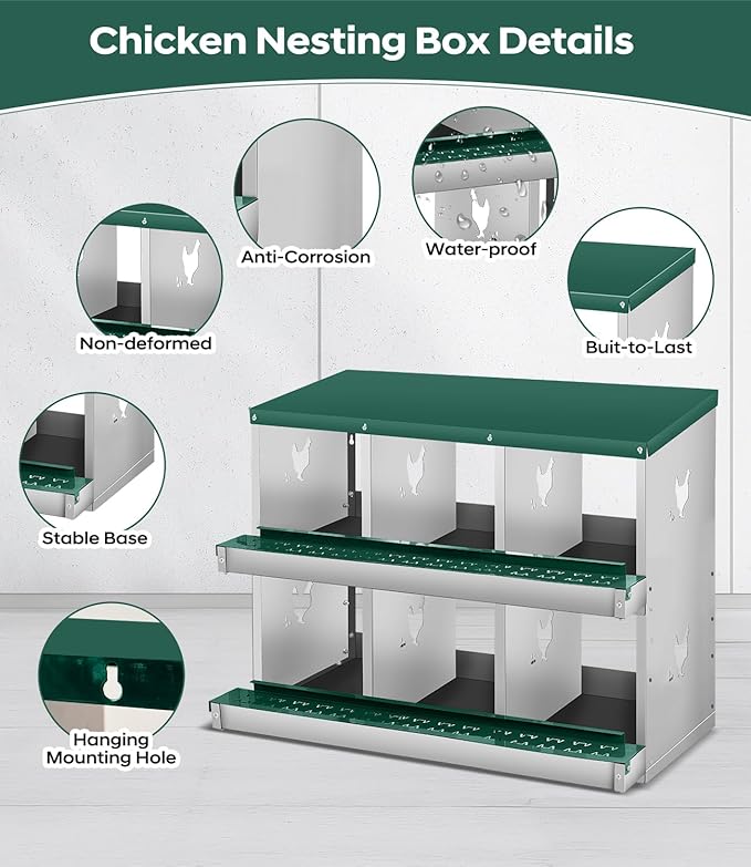 Chicken Nesting Box for Laying Eggs, 6 Compartment Metal Nesting Box,Wall Mount Chicken Nesting Boxes,Easy Egg Collection,Laying Boxes for Chickens Coop to Protect Eggs (Green, 6 Compartment)