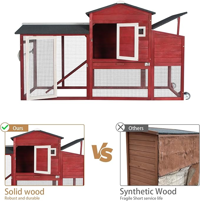 71" Chicken Coop Large Wooden Chicken Tractor - with Wheels Waterproof Outdoor Hen House Poultry Cage Back Yard Chicken Coops with Run, Laying Boxes and Secure Enclosure