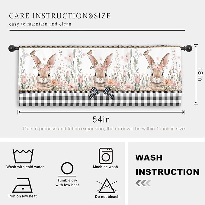 Miyotaa Easter Rabbit Bunny Kitchen Curtain Valance 54W x 18H Rod Pocket Plaid Buffalo Spring Flower Floral Window Treatment for Living Room Bedroom Bathroom