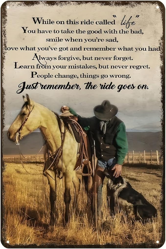 Western Decor Vintage Tin Sign While On This Ride Called Life Gifts for Western Cowboy Lovers Western House Wall Decor for Garage, Man Cave,Bar 8x12 Inches