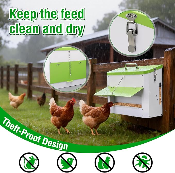 25LBS Automatic Chicken Feeder-No Waste Metal Poultry Feeder with View Window & Rain Cover,Hanging Chicken Food Dispenser for Outdoor Coops，No Assembly, Rodent Proof