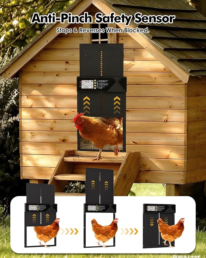 Automatic Chicken Coop Door Solar Powered,Aluminum Alloy Auto Door, Timer & Light Sensor, LCD Display, Remote Control, Anti-Pinch & Weatherproof Design, 4 Working Modes,Vertical Sliding Door