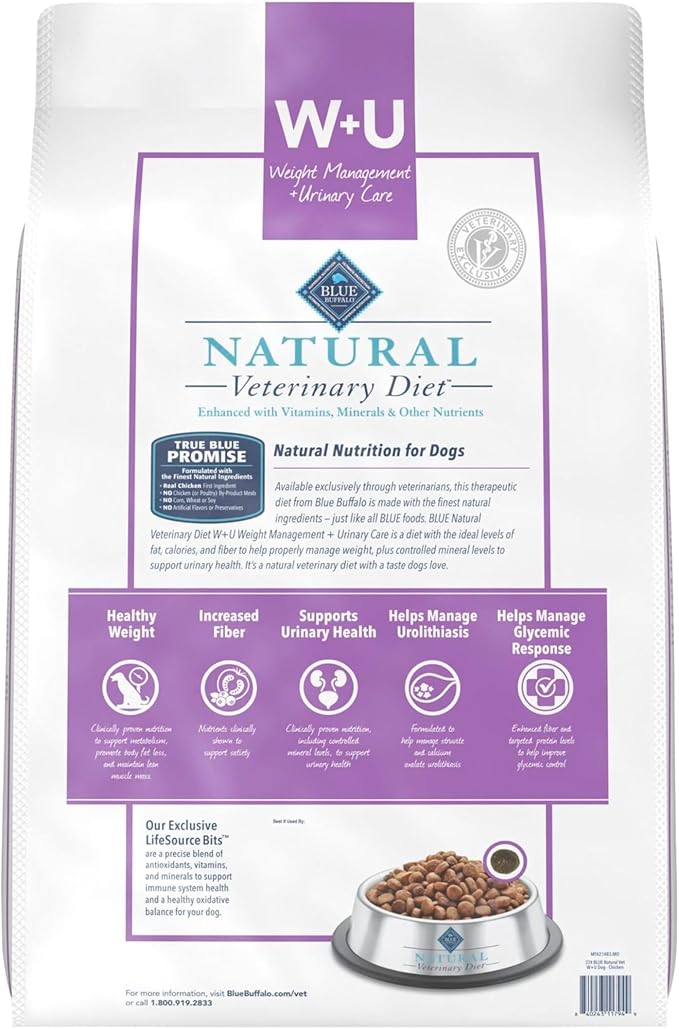 Blue Buffalo Natural Veterinary Diet W+U Weight Management + Urinary Care Dry Dog Food, Veterinarian Prescription Required, Chicken, 22-lb Bag