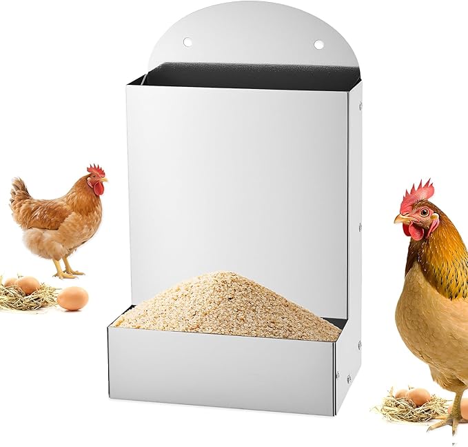 Chicken Feeder,Wall Mounted Galvanized Steel Automatic Chicken Food Dispenser,Hanging Poultry Feeder Outdoor Animal Food Container for Cages,Bunny Chicken Guinea Pig Small Animal,Coop Accessories