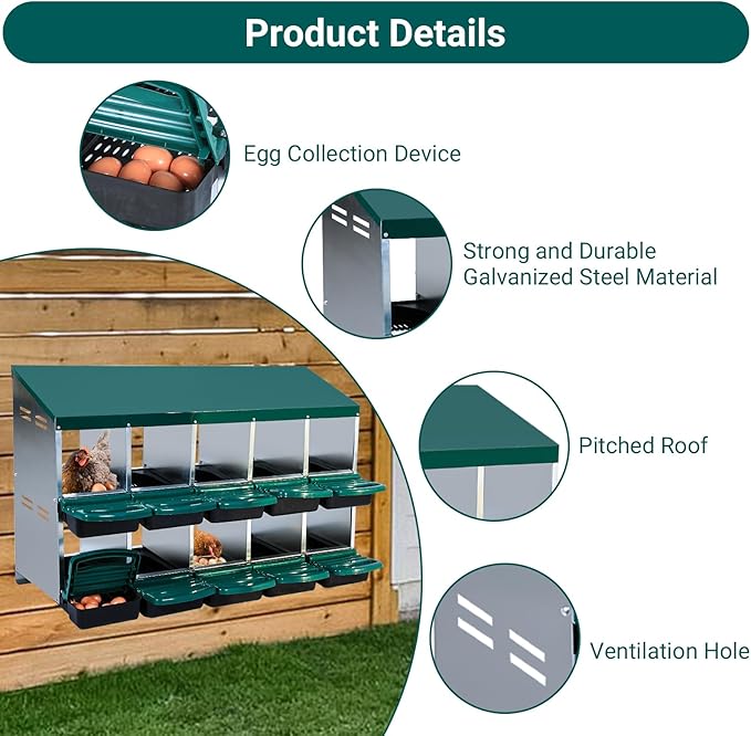 Chicken Nesting Boxes with Cleanable Pull-Out Trays - 6 Hole Metal Rollaway Nest Box for Laying Hens, Wall Mount or Placed Design for Easy Egg Collection & Cleaning