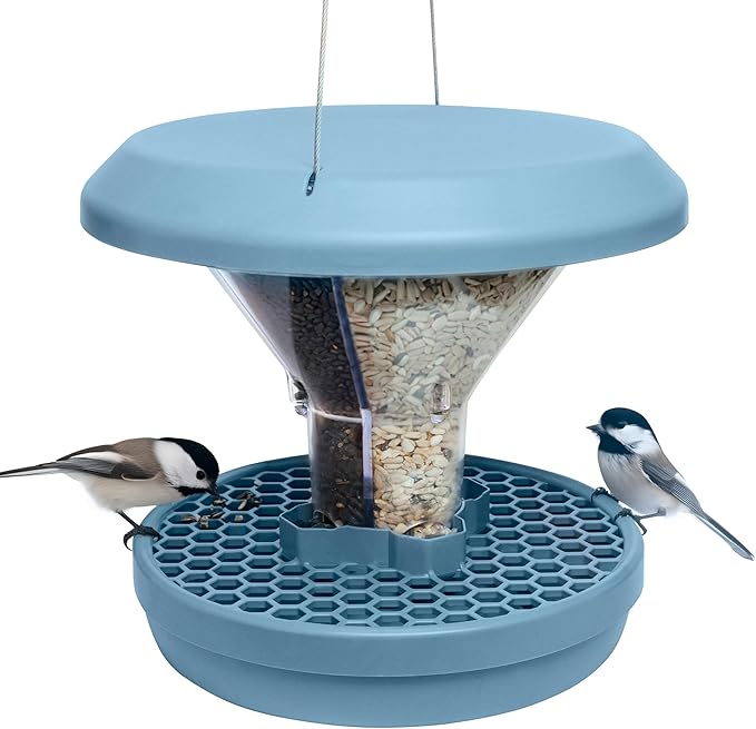 SWISSINNO Bird Feeders - No Mess Hanging Bird Feeder for Outdoors - Smart Birds Davos Spill Proof Wild Cardinal & Small Bird Feeder with Integrated Seed Catcher Tray - Dual Chamber - Light Blue