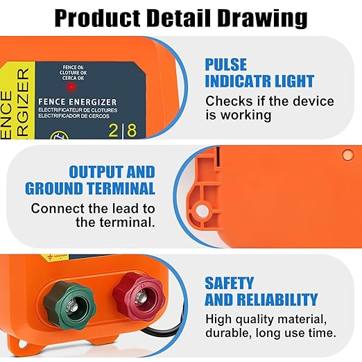 PE2 Electric Fence Energizer Plus 250 Feet Electric Fence Kit 0.10 Joule Livestock Fence Chargers for Accommodating Pets Livestock and Preventing Wildlife Invasion (Aluminum Wire)