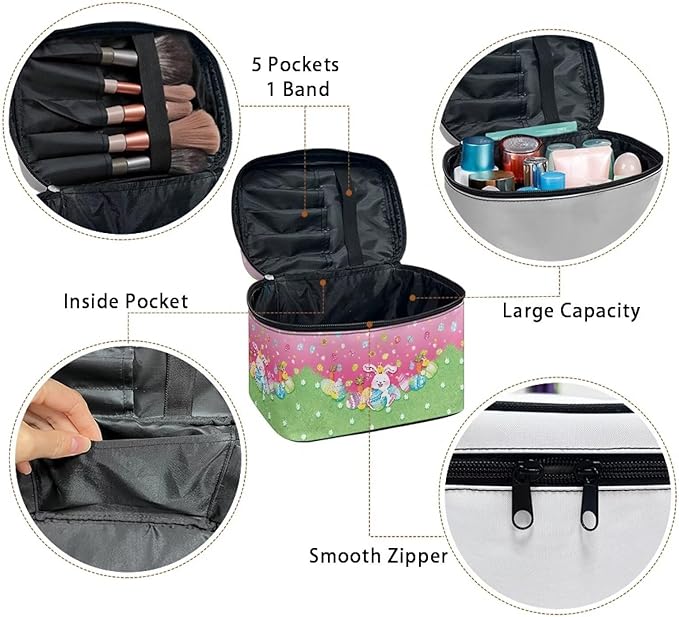 Rabbit Easter Egg Floral Grass Print Travel Makeup Bags for Women Portable Tote Cosmetic Case with Carry Handle Toiletry Accessories Storage Organizer Bags
