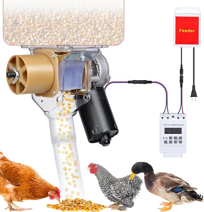 Timed Automatic Chicken Feeder 16 Groups of Timer & Quantitative Poultry Feeders Auto Gravity Food Dispenser Kit for Chicken Rooster Dog Duck Cat Bird Chicken Coop