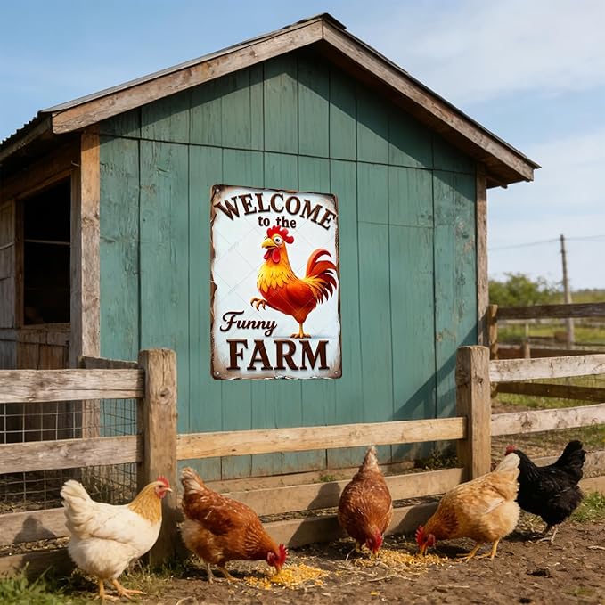 Funny Rooster Decor Sign Welcome To The Funny Farm Rustic Tin Sign for Home Farm Chicken Coop Decor 16x12 Inch