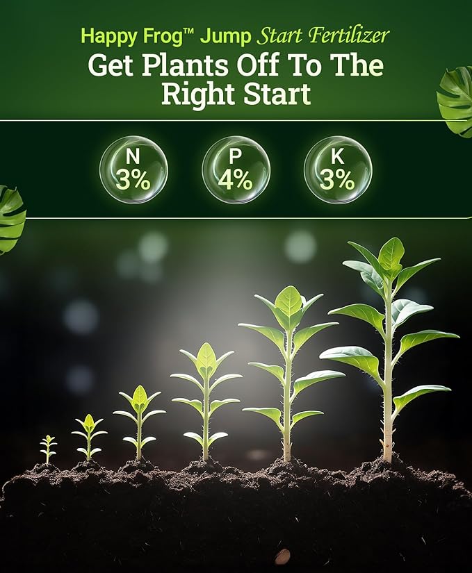 Happy Frog Jump Start Fertilizer - 3-4-3 Blend with Calcium & Mycorrhizal Fungi - Supports Early Growth & Root Development - Phosphorus Fertilizer for Transplanted Seedlings & Re-Potted Plants - 4 lb